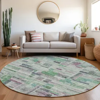 8' Artichoke Green Charcoal And Purple Round Striped Washable Indoor Outdoor Area Rug