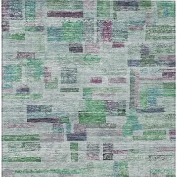 9' X 12' Artichoke Green Charcoal And Purple Striped Washable Indoor Outdoor Area Rug