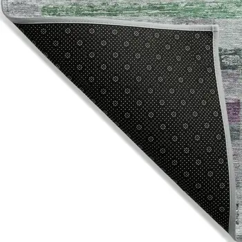 9' X 12' Artichoke Green Charcoal And Purple Striped Washable Indoor Outdoor Area Rug