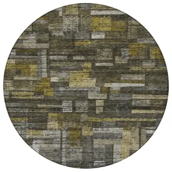 8' Charcoal Gray And Green Round Striped Washable Indoor Outdoor Area Rug