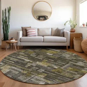 8' Charcoal Gray And Green Round Striped Washable Indoor Outdoor Area Rug
