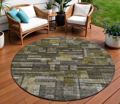 8' Charcoal Gray And Green Round Striped Washable Indoor Outdoor Area Rug