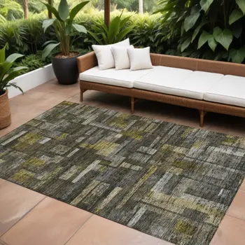 9' X 12' Charcoal Gray And Green Striped Washable Indoor Outdoor Area Rug
