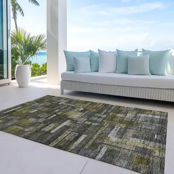 9' X 12' Charcoal Gray And Green Striped Washable Indoor Outdoor Area Rug