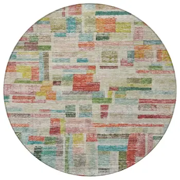 8' Terra Cotta Green And Brown Round Striped Washable Indoor Outdoor Area Rug