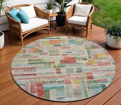 8' Terra Cotta Green And Brown Round Striped Washable Indoor Outdoor Area Rug
