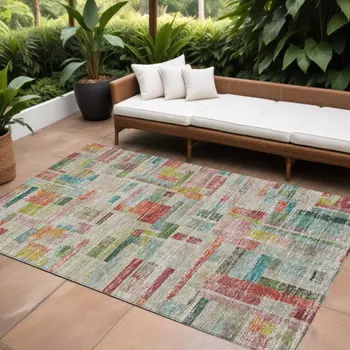 8' X 10' Terra Cotta Green And Brown Striped Washable Indoor Outdoor Area Rug