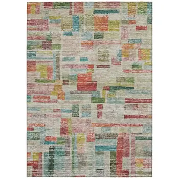 8' X 10' Terra Cotta Green And Brown Striped Washable Indoor Outdoor Area Rug