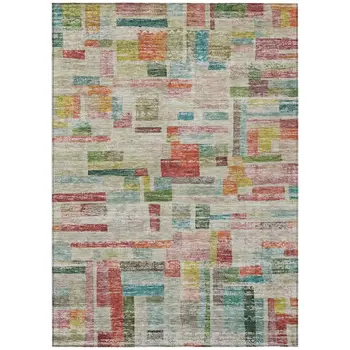 9' X 12' Terra Cotta Green And Brown Striped Washable Indoor Outdoor Area Rug