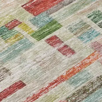 9' X 12' Terra Cotta Green And Brown Striped Washable Indoor Outdoor Area Rug