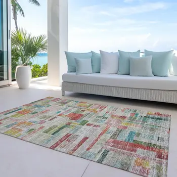 10' X 14' Terra Cotta Green And Brown Striped Washable Indoor Outdoor Area Rug