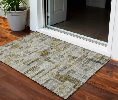 3' X 5' Taupe Green And Gray Striped Washable Indoor Outdoor Area Rug