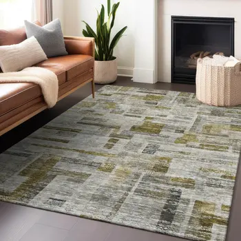 3' X 5' Taupe Green And Gray Striped Washable Indoor Outdoor Area Rug