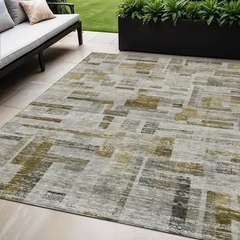 5' X 8' Taupe Green And Gray Striped Washable Indoor Outdoor Area Rug