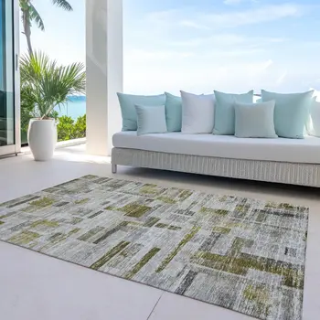 5' X 8' Taupe Green And Gray Striped Washable Indoor Outdoor Area Rug