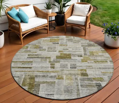 8' Taupe Green And Gray Round Striped Washable Indoor Outdoor Area Rug