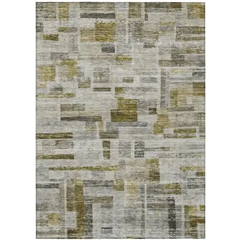 9' X 12' Taupe Green And Gray Striped Washable Indoor Outdoor Area Rug