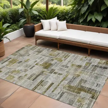 10' X 14' Taupe Green And Gray Striped Washable Indoor Outdoor Area Rug
