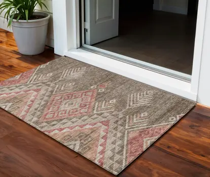 3' X 5' Brown And Terra Cotta Southwestern Washable Indoor Outdoor Area Rug