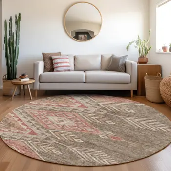 8' Brown And Terra Cotta Round Southwestern Washable Indoor Outdoor Area Rug