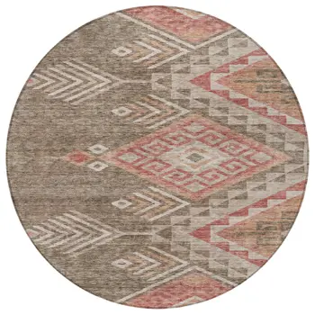 8' Brown And Terra Cotta Round Southwestern Washable Indoor Outdoor Area Rug