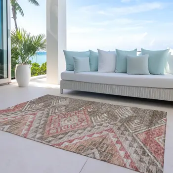 9' X 12' Brown And Terra Cotta Southwestern Washable Indoor Outdoor Area Rug