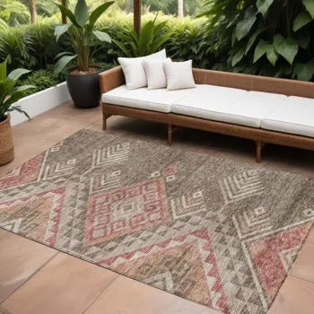 10' X 14' Brown And Terra Cotta Southwestern Washable Indoor Outdoor Area Rug