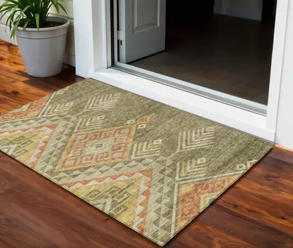 3' X 5' Green And Terra Cotta Southwestern Washable Indoor Outdoor Area Rug