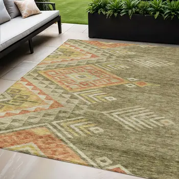 5' X 8' Green And Terra Cotta Southwestern Washable Indoor Outdoor Area Rug