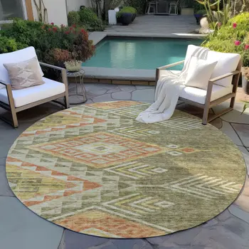 8' Green And Terra Cotta Round Southwestern Washable Indoor Outdoor Area Rug
