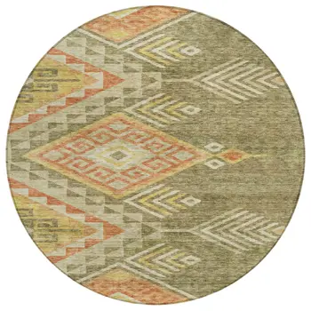 8' Green And Terra Cotta Round Southwestern Washable Indoor Outdoor Area Rug