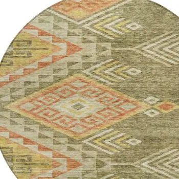 8' Green And Terra Cotta Round Southwestern Washable Indoor Outdoor Area Rug