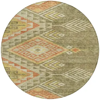 8' Green And Terra Cotta Round Southwestern Washable Indoor Outdoor Area Rug