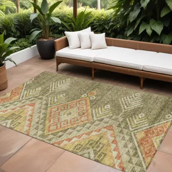 10' X 14' Green And Terra Cotta Southwestern Washable Indoor Outdoor Area Rug
