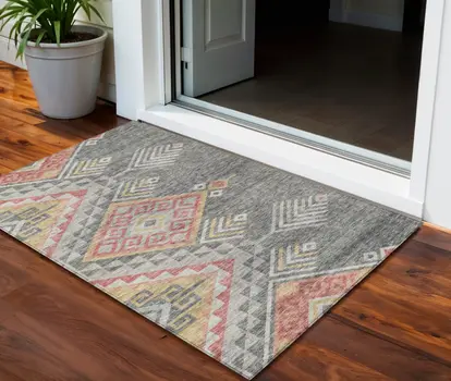 3' X 5' Gray And Terra Cotta Southwestern Washable Indoor Outdoor Area Rug