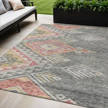 5' X 8' Gray And Terra Cotta Southwestern Washable Indoor Outdoor Area Rug