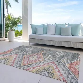 5' X 8' Gray And Terra Cotta Southwestern Washable Indoor Outdoor Area Rug