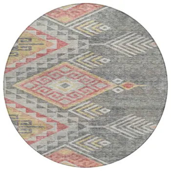 8' Gray And Terra Cotta Round Southwestern Washable Indoor Outdoor Area Rug