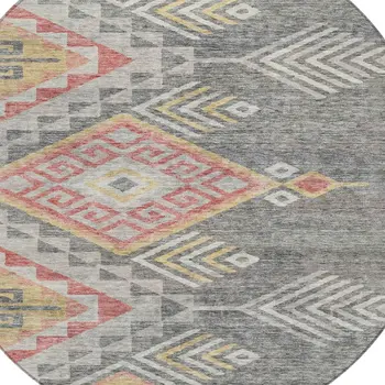 8' Gray And Terra Cotta Round Southwestern Washable Indoor Outdoor Area Rug