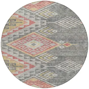8' Gray And Terra Cotta Round Southwestern Washable Indoor Outdoor Area Rug
