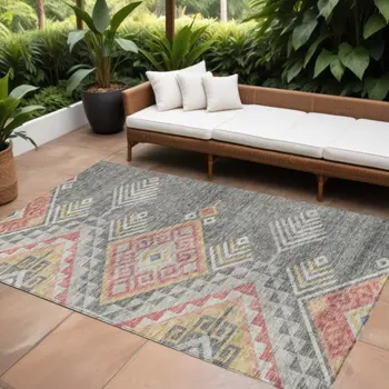 10' X 14' Gray And Terra Cotta Southwestern Washable Indoor Outdoor Area Rug
