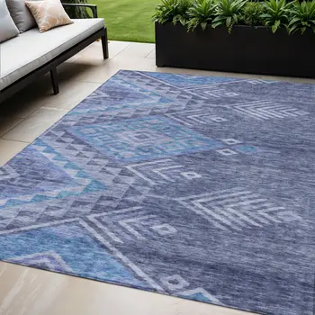 5' X 8' Navy Blue Charcoal And Gray Southwestern Washable Indoor Outdoor Area Rug
