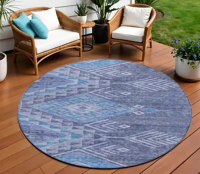 8' Navy Blue Charcoal And Gray Round Southwestern Washable Indoor Outdoor Area Rug