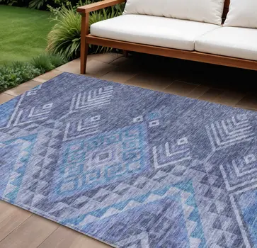 8' X 10' Navy Blue Charcoal And Gray Southwestern Washable Indoor Outdoor Area Rug