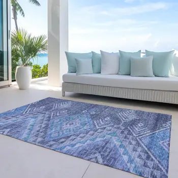 10' X 14' Navy Blue Charcoal And Gray Southwestern Washable Indoor Outdoor Area Rug