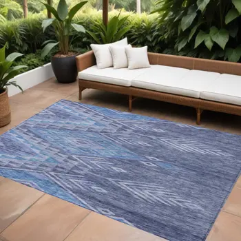 3' X 5' Pewter And Blue Southwestern Washable Indoor Outdoor Area Rug