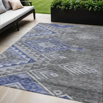 5' X 8' Pewter And Blue Southwestern Washable Indoor Outdoor Area Rug