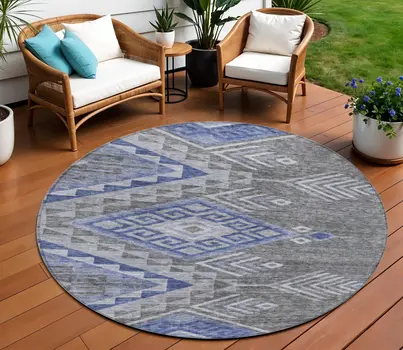 8' Pewter And Blue Round Southwestern Washable Indoor Outdoor Area Rug
