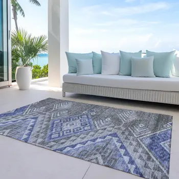 8' X 10' Pewter And Blue Southwestern Washable Indoor Outdoor Area Rug
