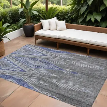 9' X 12' Pewter And Blue Southwestern Washable Indoor Outdoor Area Rug